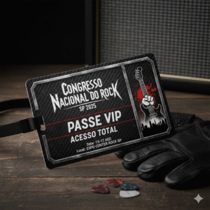 Passe VIP com acesso total para o Congresso Nacional do Rock SP 2025, ao lado de luvas de couro e palhetas de guitarra, simbolizando o acesso exclusivo ao evento.