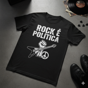 Camiseta preta com a frase "ROCK É POLÍTICA", com ícones de guitarra e símbolo da paz, representando merchandising do congresso e o ativismo social e político do rock.