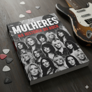Livro "Mulheres na História do Rock" cercado por uma guitarra e paletas.