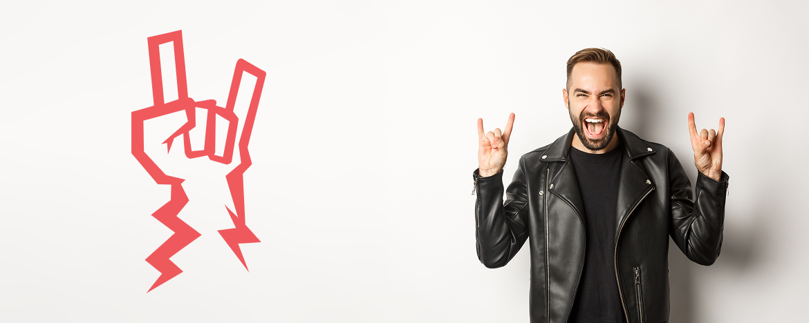 Homem com jaqueta de couro fazendo gesto "mão chifrada" de rock, ao lado de ícone estilizado, representando a energia, a cultura e o espírito do rock and roll.